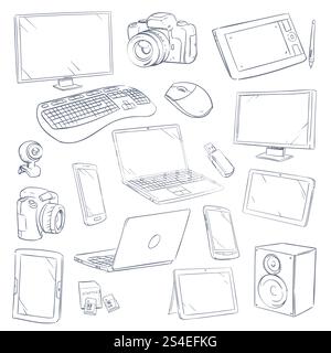 Hand drawn, sketch computer technology gadgets vector set. Computer electronic device, illustration of computer monitor and tablet touchscreen. Hand drawn, sketch computer technology gadgets vector set Stock Vector