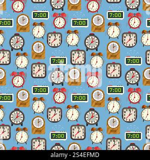 Seamless pattern with colorful alarm clocks on blue backdrop. Background with clock. Vector illustration. Seamless pattern with colorful alarm clocks on blue backdrop Stock Vector