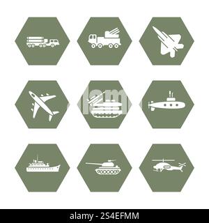 Military transportation icons set - army icons design. Army transport for war, vector illustration. Military transportation icons set - army icons design Stock Vector