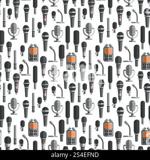 Flat microphones and dictaphones seamless pattern. Broadcasting communication background. Vector illustration. Flat microphones and dictaphones seamless pattern Stock Vector