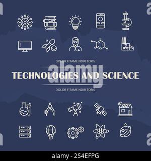 Technologies and science line icons set on grunge background. Collection of science line art icons. Vector illustration. Technologies and science line icons set on grunge background Stock Vector