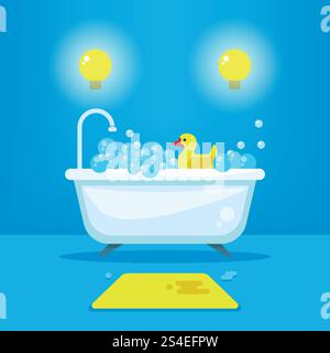 Vector relax in bathroom concept background. Bathtub with bubbles and rubber duck. Interior of bathroom illustration. Vector relax in bathroom concept background. Bathtub with bubbles and rubber duck Stock Vector