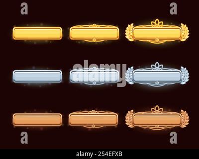 Bronze, silver and golden cartoon vector title banners or metal ui buttons set for game design illustration. Bronze, silver and golden cartoon vector title banners Stock Vector