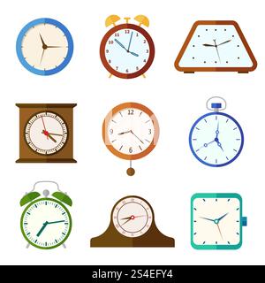 Wall clock and alarm clocks, time vector flat icons. Set of different clocks illustration. Wall clock and alarm clocks, time vector flat icons Stock Vector