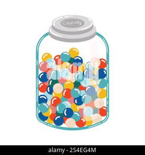 Cute cartoon bubble gum balls in the bottle isolated on white background. Retro candy balls from 90's. Bonbons in the jar. Stock Vector