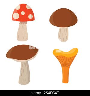 Cartoon mushroom set in flat style isolated on white background. Chanterelle mushroom, porcini mushroom, champignon, fly agaric. Stock Vector