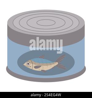 Cartoon can of canned fish in flat style isolated on white background. Hiking food. Stock Vector