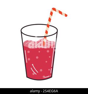 Cute cartoon refreshing drink with a straw in flat style. Berry juice in the glass isolated on white background. Stock Vector