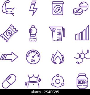 Sports vitamins and food supplements thin line vector icons. Fat burning pills and energy drinks pictograms. Sport vitamin nutrition for fitness and energy illustration. Sports vitamins and food supplements thin line vector icons. Fat burning pills and energy drinks pictograms Stock Vector