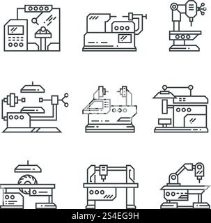 Industrial machines vector line icons. Factory machine tools symbol. Factory machine for industrial, illustration of equipment machinery. Industrial machines vector line icons. Factory machine tools symbols Stock Vector