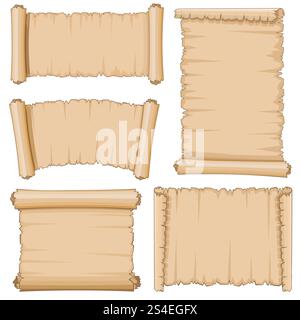 Blank cartoon old scrolls of papyrus paper vector set. Blank papyrus sheet, illustration of ancient parchment. Blank cartoon old scrolls of papyrus paper vector set Stock Vector