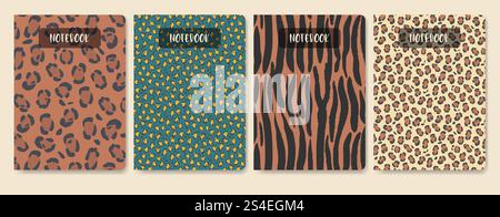 Universal template set for notebook with leopard skin pattern. Applicable for diary covers, planners, brochures, books, catalogs etc. Seamless pattern Stock Vector