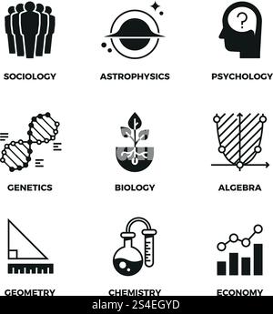 Science vector icons set. Genetics and economy, algebra and chemistry. Geometry and biology, psychology and astrophysics, sociology symbols. Monochrome illustration sign of science discipline. Science vector icons set. Genetics and economy, algebra and chemistry. Geometry and biology, psychology and astrophysics, sociology symbols Stock Vector