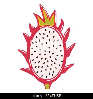 Cute cartoon half of pitahaya in flat style. Tropical fruit isolated on white background. Stock Vector