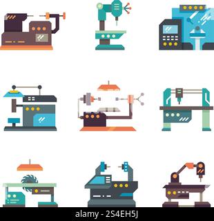 Industrial cnc machine tools and automated machines flat icons. Machine equipment for factory industry, illustration of industrial, production. Industrial cnc machine tools and automated machines flat icons Stock Vector