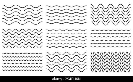 Thin line wavy seamless border collection. Wave pattern decoration. Set of curly zigzag lines.Thin line wavy seamless border collection. Wave pattern Stock Vector