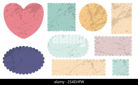 Grunge Billowy Frames with Corrugated Edges Isolated on White. Simple Labels with Zig Zag Borders. Wiggly Badge or Stickers Shapes Stock Vector