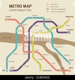 Vintage colors subway map vector concept. Railway map illustration flat. Vintage colors subway map vector concept Stock Vector