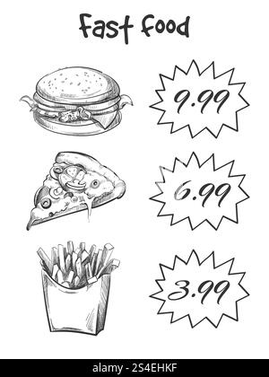 Hand drawn fast food menu isolated on white backdrop. Vector sketch fast food, illustration of hot pizza and burger. Hand drawn fast food menu isolated on white backdrop Stock Vector