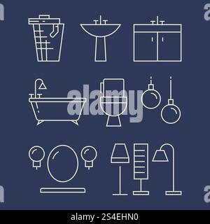 Bathroom furniture and accessories line icons set. Linear bath, vector illustration. Bathroom furniture and accessories line icons set Stock Vector