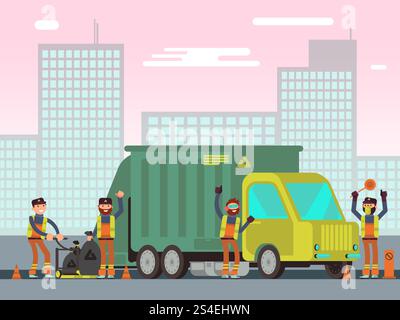 Waste management and city garbage collection for recycling vector concept with sanitation workers, garbage truck and trash bins. Trash and garbage car, illustration of container with waste. Waste management and city garbage collection for recycling vector concept with sanitation workers, garbage truck and trash bins Stock Vector