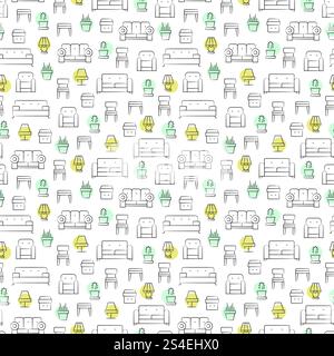 Living room furniture, lamps and pot plants seamless pattern. Background with interior furniture object, vector illustration. Living room furniture, lamps and pot plants seamless pattern Stock Vector