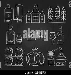 Whiskey process and icons on chalkboard. Distillery whiskey, vector illustration. Whiskey process and icons on chalkboard Stock Vector