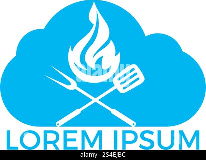 Creative concept with grilled sausage in a cloud shape. Grill bbq hotdog symbol. Fast food logo icon. Grill logo design concept. Tasty steak on fire and check sign makes cloud shape. Stock Vector