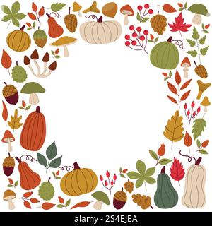 Cute autumn empty square frame with fall design elements in flat style. Cozy fall border with pumpkins and leaves, berries and mushrooms isolated on w Stock Vector