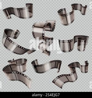 Retro 35mm foto and movie film roll vector set. Video tape part, illustration of cinematography multimedia tape photography. Retro 35mm foto and movie film roll vector set Stock Vector