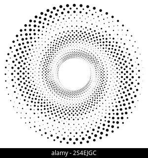 Black round halftone texture. Dotted radial swirl or tornado shape. Gradient circle. Pop art retro style. Stock Vector