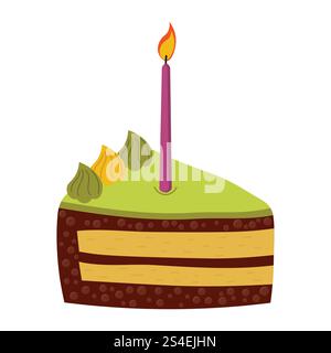 Pistachio chocolate piece of cake with cream and candle. Stock Vector