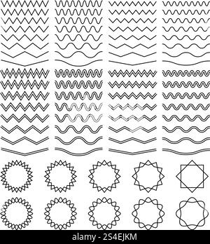 Curvy waves and zigzag striped lines and round jagged frames vector set. Wave line and zigzag lines element illustration. Curvy waves and zigzag striped lines and round jagged frames vector set Stock Vector