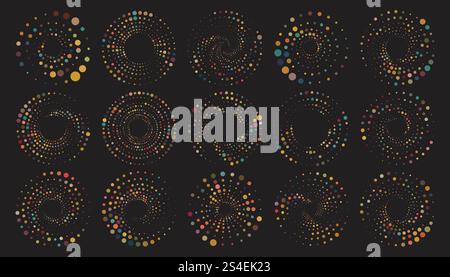Colorful halftone round elements set, twisters collection, halftone circular textures with dots, circle halftone tornado isolated on black background Stock Vector