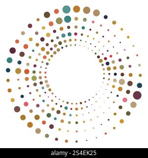 Colorful halftone round element, twister, halftone circular texture with dots, radial halftone tornado Stock Vector