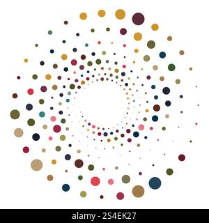 Colorful halftone round element, twister, halftone circular texture with dots, radial halftone tornado Stock Vector