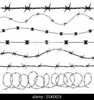 Barbed wire black silhouettes vector frame borders. Barrier barbwire for prison, illustration of collection border prison. Barbed wire black silhouettes vector frame borders Stock Vector
