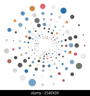 Colorful halftone round element, twister, halftone circular texture with dots, radial halftone tornado Stock Vector