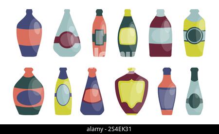 Bottles with labels from different alcohol drinks, collection isolated on white. Stock Vector