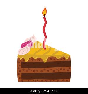 Piece of a colorful cake with cream and candle for any celebration. Stock Vector