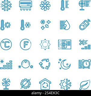 Air conditioning vector line icons. Temperature, humidity, drying, cooling and heating pictograms. Climate conditioner system equipment illustration. Air conditioning vector line icons. Temperature, humidity, drying, cooling and heating pictograms Stock Vector