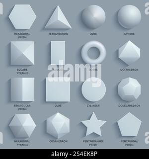 Top view realistic white math basic 3d shapes vector set. Three dimensional geometric figures. Geometric shape figure form illustration. Top view realistic white math basic 3d shapes vector set. Three dimensional geometric figures Stock Vector
