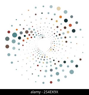 Colorful halftone round element, twister, halftone circular texture with dots, radial halftone tornado Stock Vector