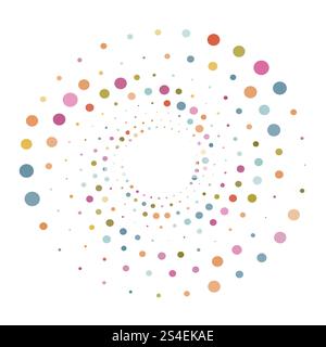 Colorful halftone round element, twister, halftone circular texture with dots, radial halftone tornado Stock Vector