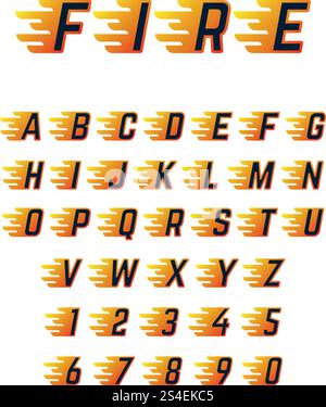 Burning running letters with flame. Hot fire vector font alphabet for racing car. Alphabet letter motion burn, speed flame abc illustration. Burning running letters with flame. Hot fire vector font alphabet for racing car Stock Vector