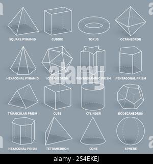 Abstract 3d math geometric outline shapes vector set. Geometry figure graphic pyramid and cuboid, torus and octahedron illustration. Abstract 3d math geometric outline shapes vector set Stock Vector