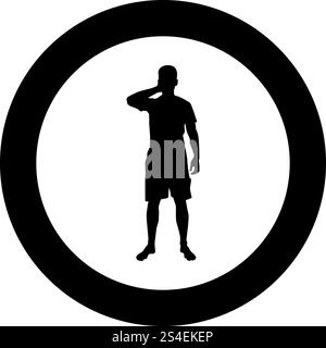 Man closing his eyes his hands silhouette front view icon black color vector illustration flat style simple imagein circle round Stock Vector
