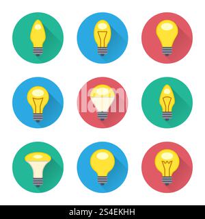 Colorful light bulbs flat icons set. Collection lamp idea in color round. Vector illustration. Colorful light bulbs flat icons set Stock Vector