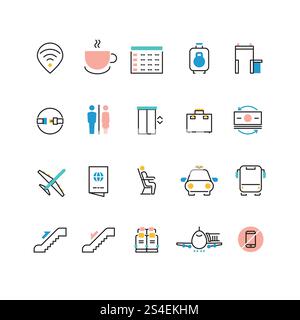 Airoport icons with line and colorful elements. Airport and airplane pictogram icons set luggage and taxi illustration. Airoport icons with line and colorful elements Stock Vector