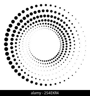 Black round halftone texture. Dotted radial swirl or tornado shape. Gradient circle. Pop art retro style. Stock Vector